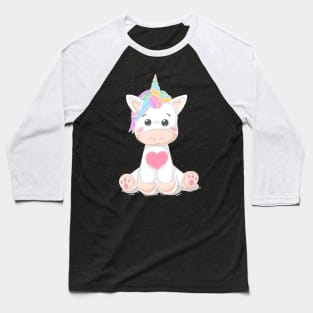 Cute Little Unicorn With Heart, Line Drawing White, Pink, Purple, Green & Yellow Baseball T-Shirt